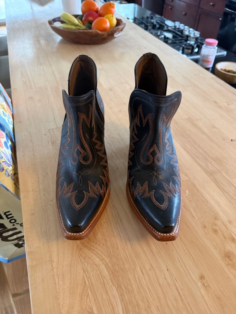 Ariat Black Leather Western Ankle Booties with Brown Stitching
